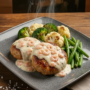 Рыбные биточки с креветкой в белом соусе